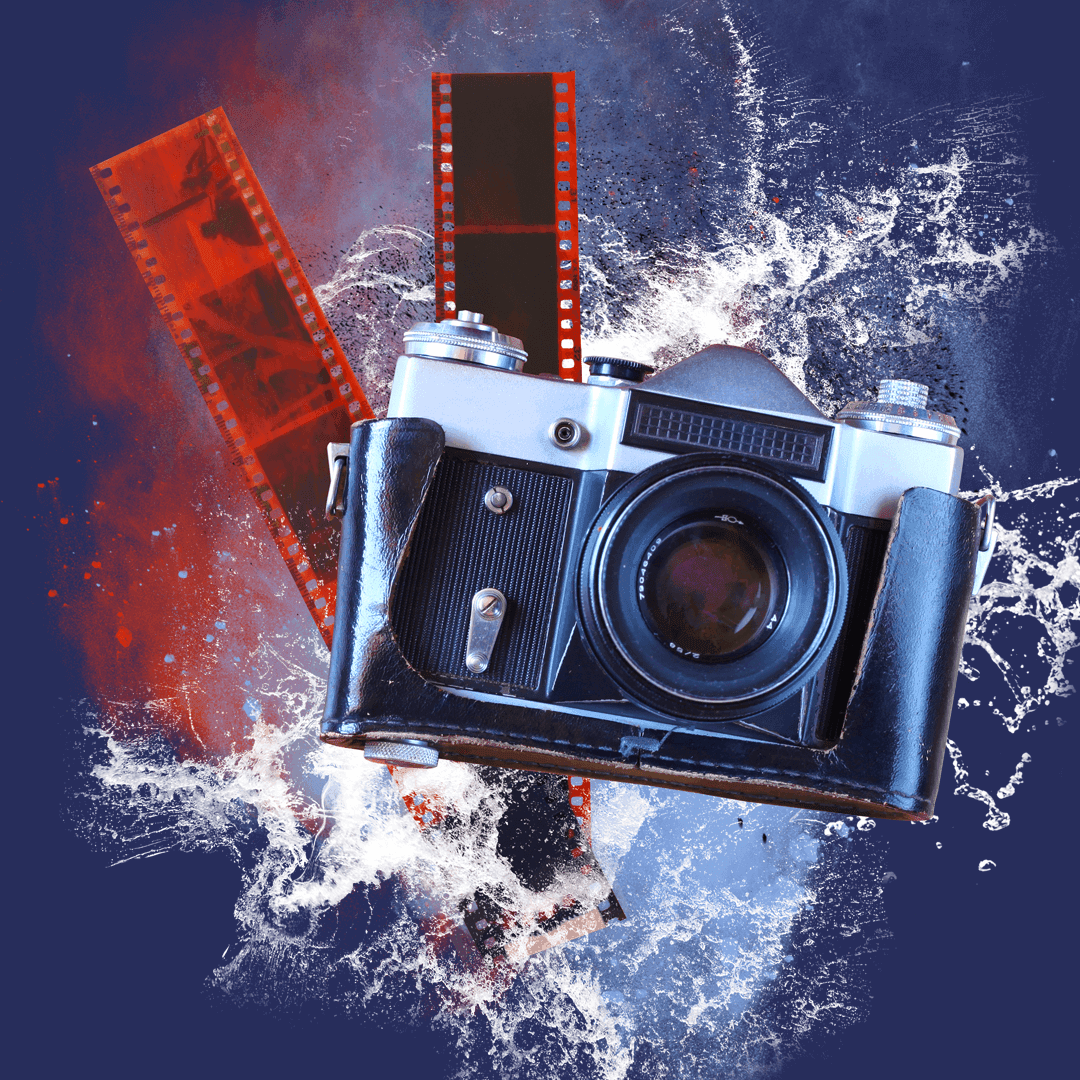 Vintage film camera with red film strips and splashes of white and red paint on a blue background" Let me know if it's used in a creative, historical, or branding context—happy to fine-tune.