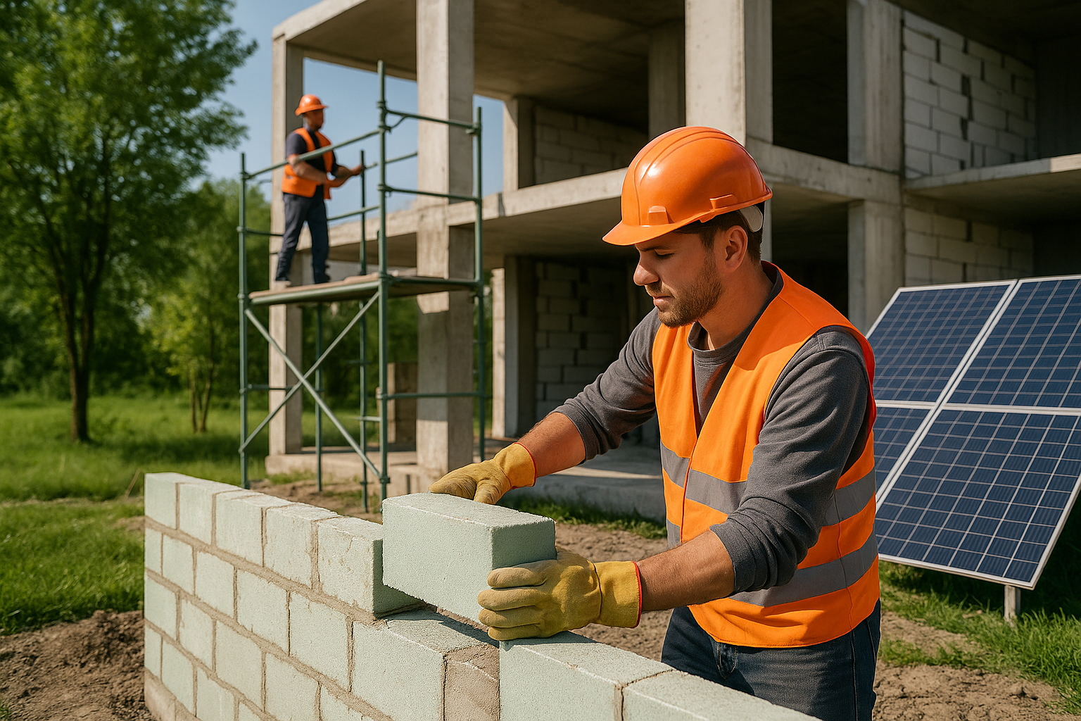 Construction worker in a hard hat and safety vest placing eco-friendly green bricks at a building site, with solar panels and scaffolding visible in the background.