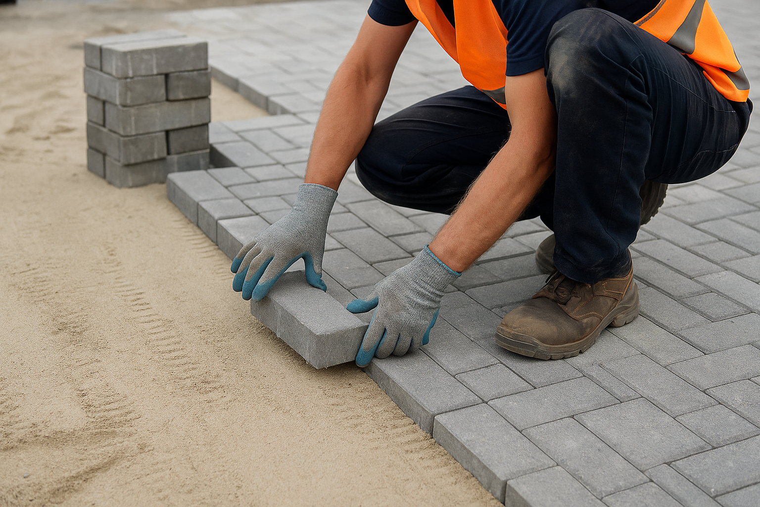 Construction worker wearing gloves and an orange vest carefully laying concrete pavers on a prepared sand base for a pavement or walkway.