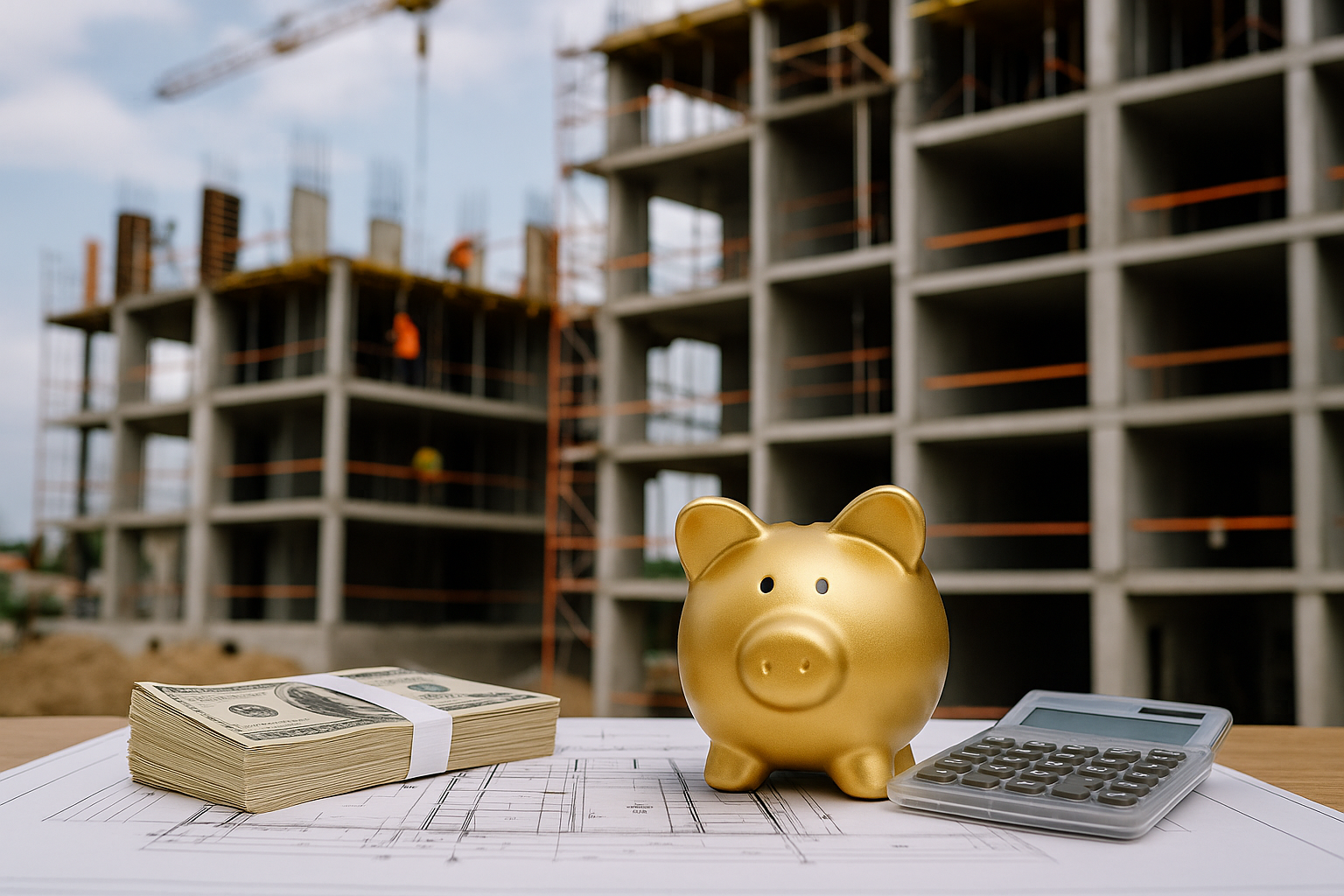 Golden piggy bank, stack of money notes, and calculator on construction plans with an unfinished building and cranes in the background, symbolising cost efficiency in construction.