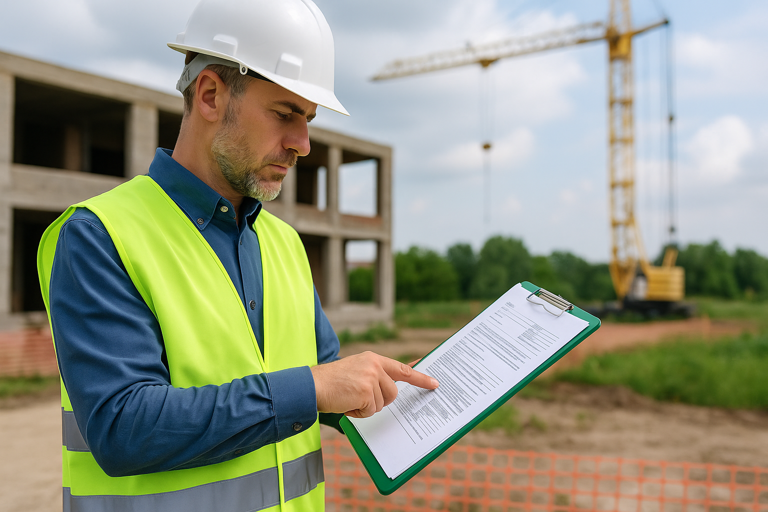 Construction site supervisor in a safety vest and helmet reviewing documents on a clipboard in front of a building under construction and a crane.