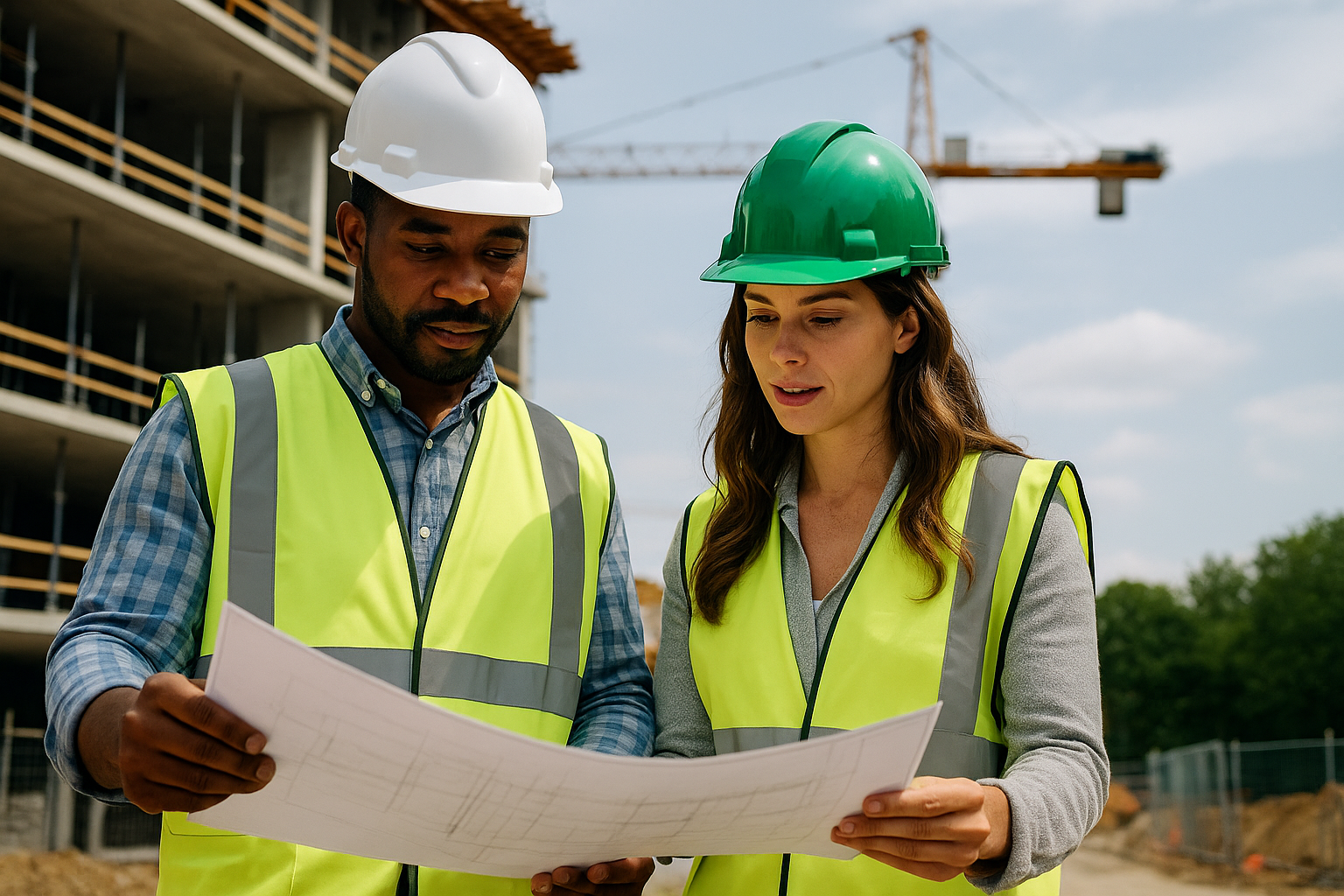 Male and female construction professionals in hard hats and high-visibility vests examining architectural blueprints on a construction site.