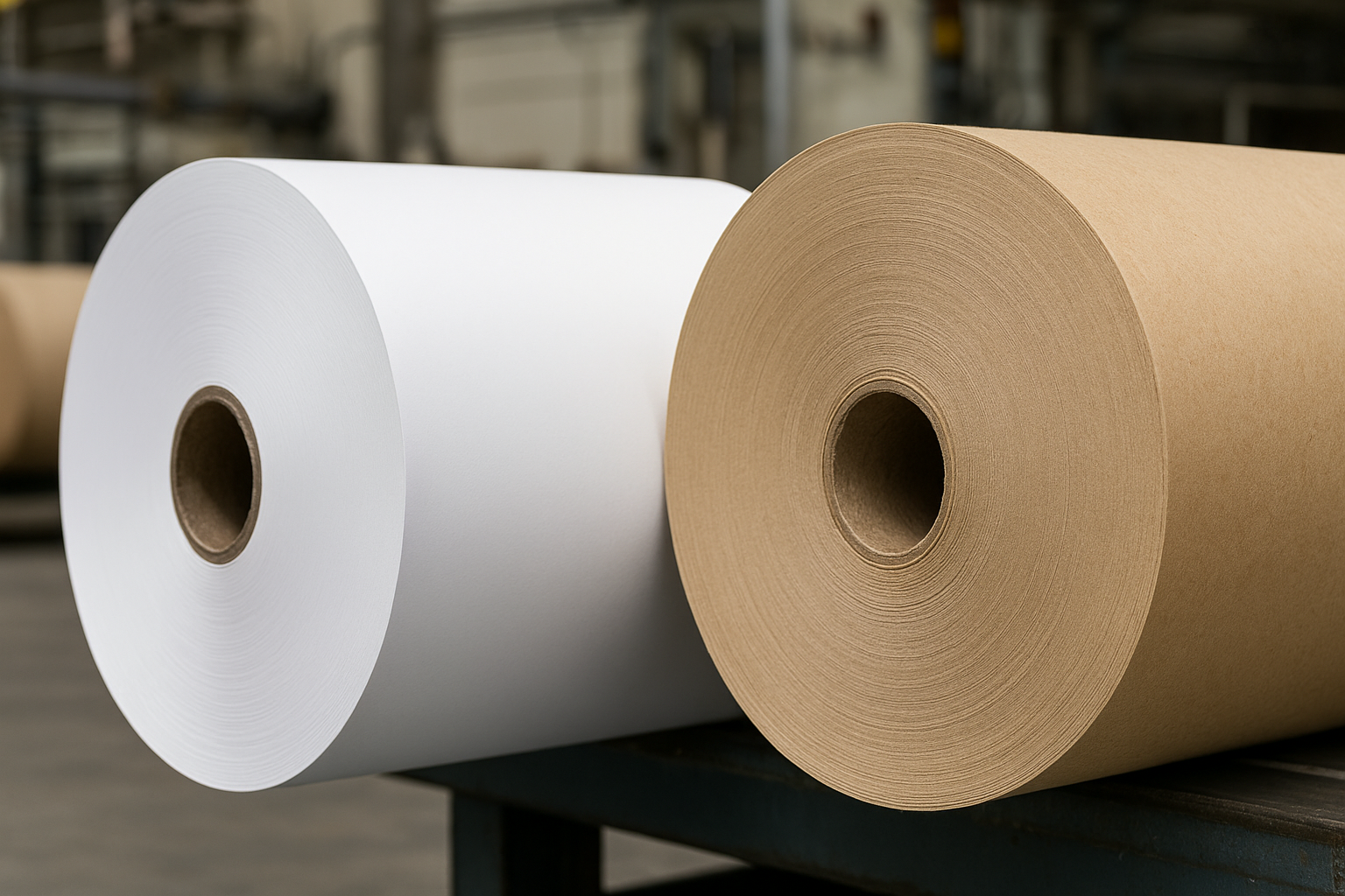 Two large industrial rolls of paper, one white and one brown, on a metal surface in a manufacturing facility.