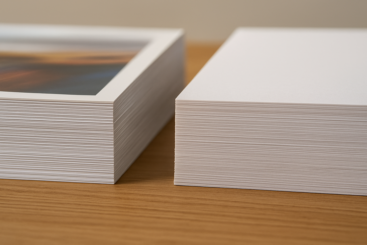 Close-up side view of two stacks of white paper sheets on a wooden surface, one with a glossy printed top sheet and the other unprinted