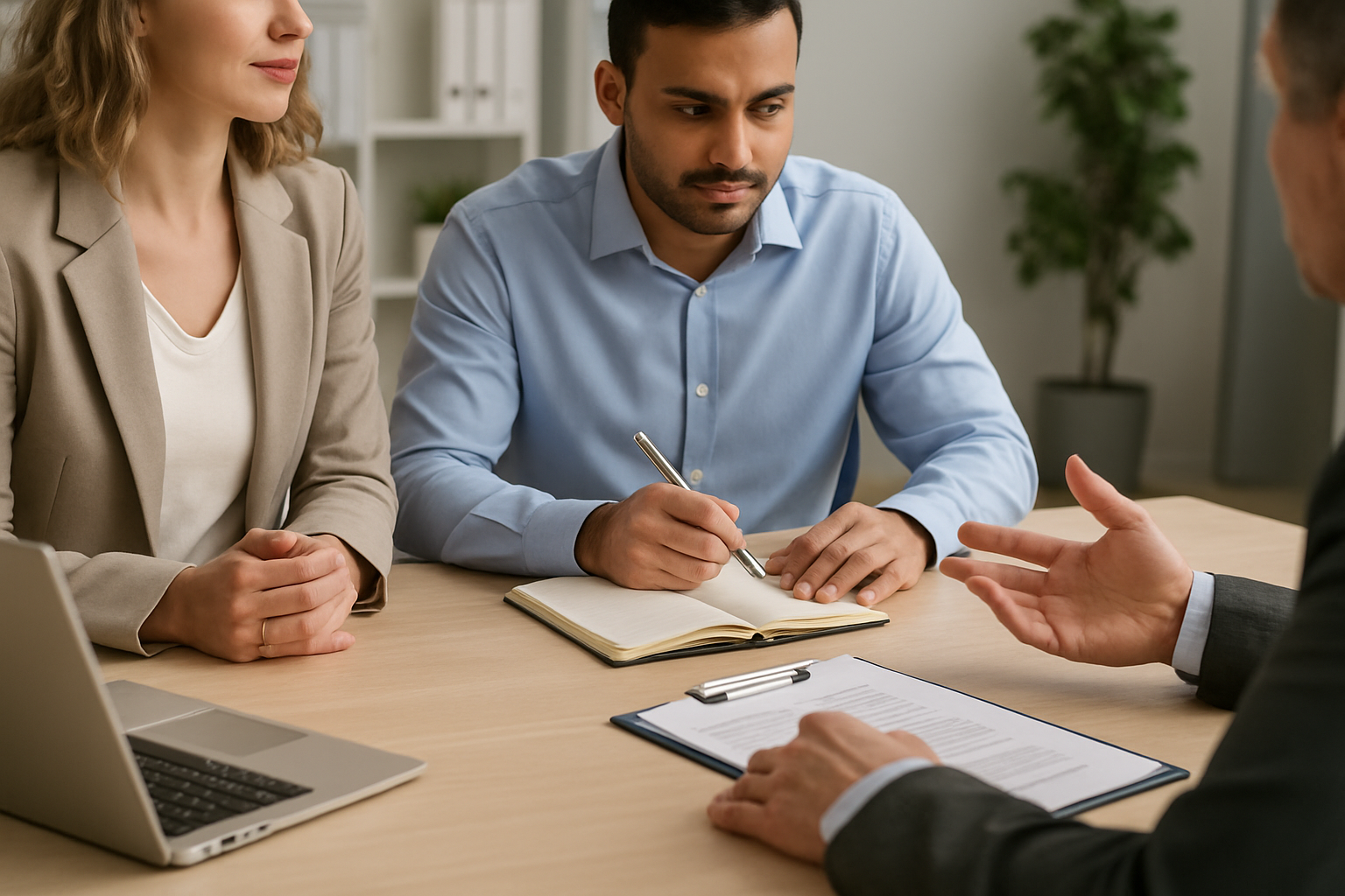 Business professionals sitting at a desk in a meeting, taking notes and discussing project requirements.