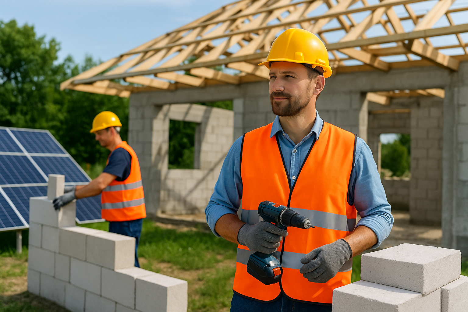 Construction workers in safety gear building a wall with white aerated concrete blocks at a sustainable construction site, with solar panels and a partially constructed energy-efficient building in the background.
