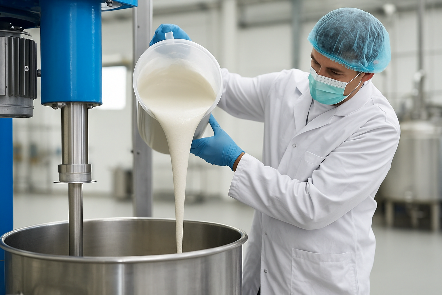Worker in a white lab coat and protective gear pouring thick white liquid into an industrial mixer in a factory setting.