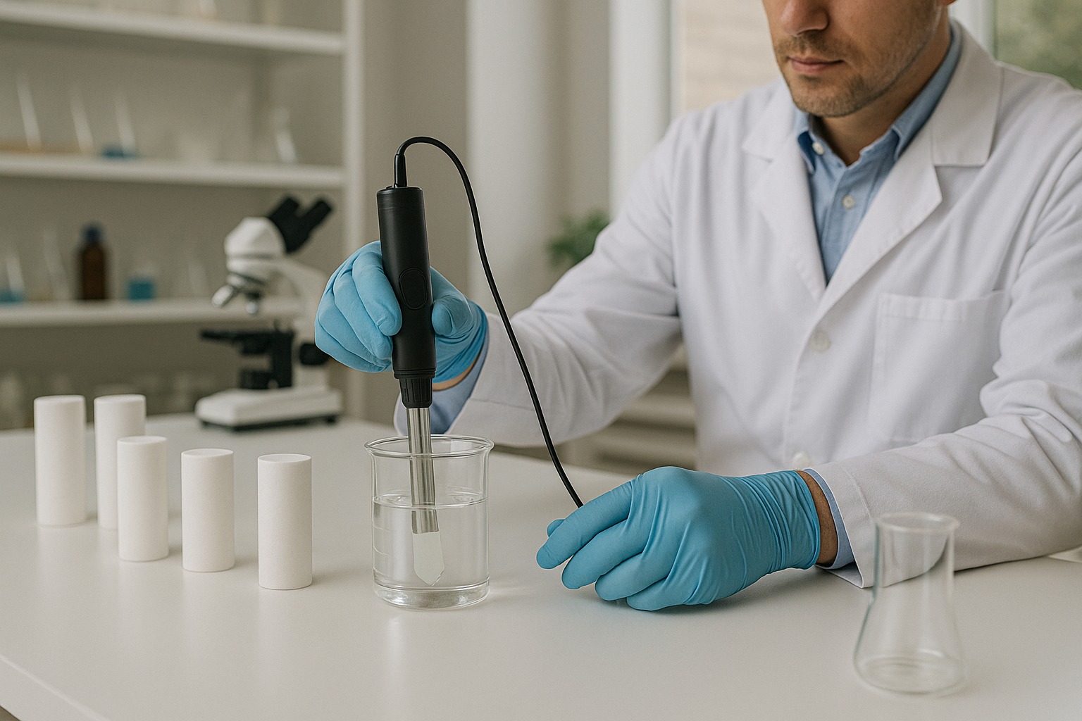 Scientist in a laboratory using a probe to test a liquid in a beaker, with white cylindrical samples and lab equipment on the desk.