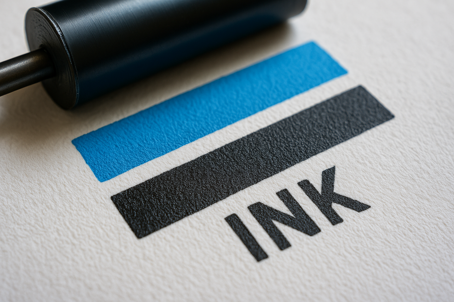 Close-up of a black ink roller beside blue and black printed strips labeled 'INK' on textured paper.