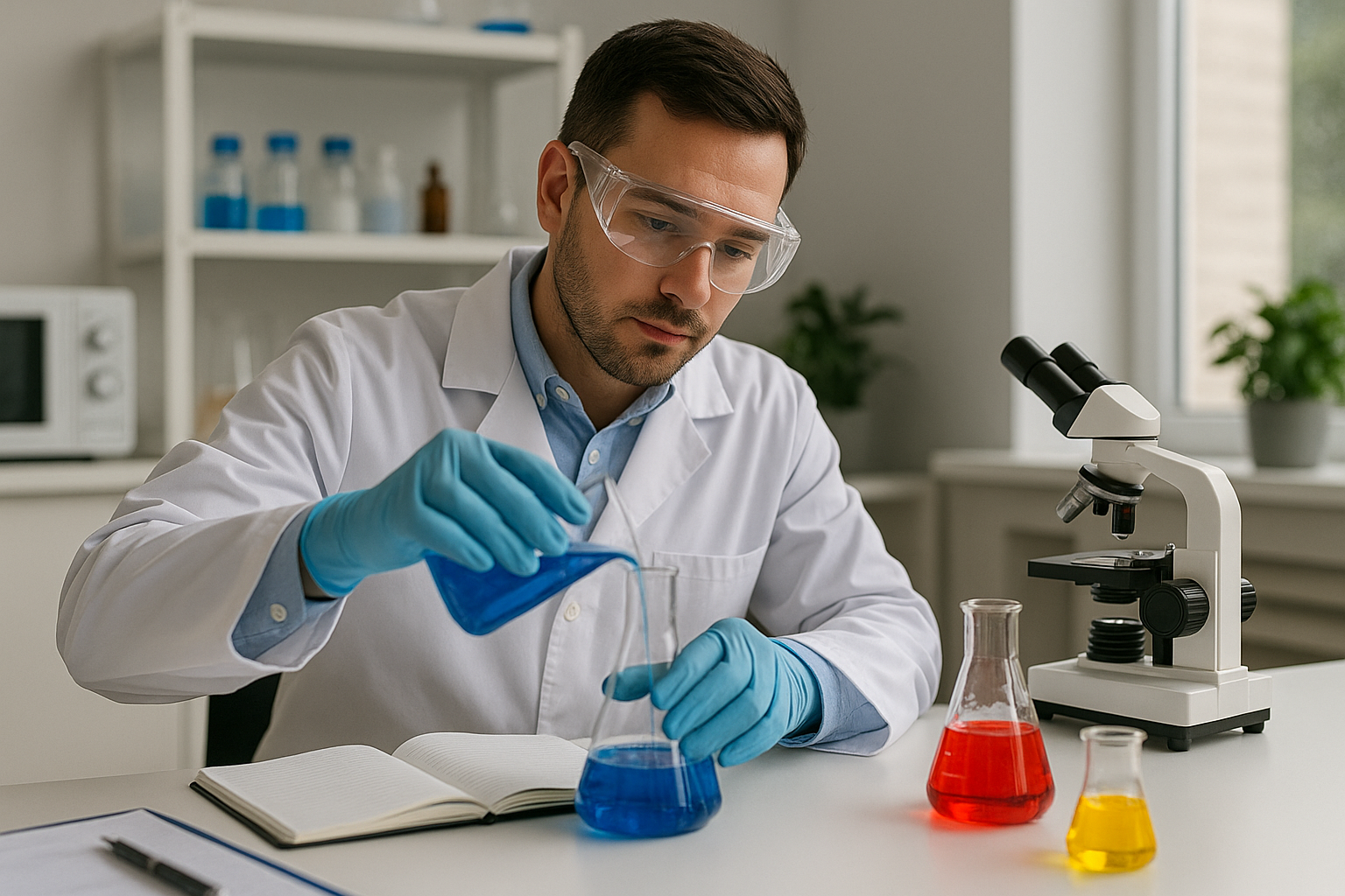 Scientist in protective eyewear pouring blue liquid from one flask to another in a laboratory, surrounded by colourful chemical samples and a microscope.