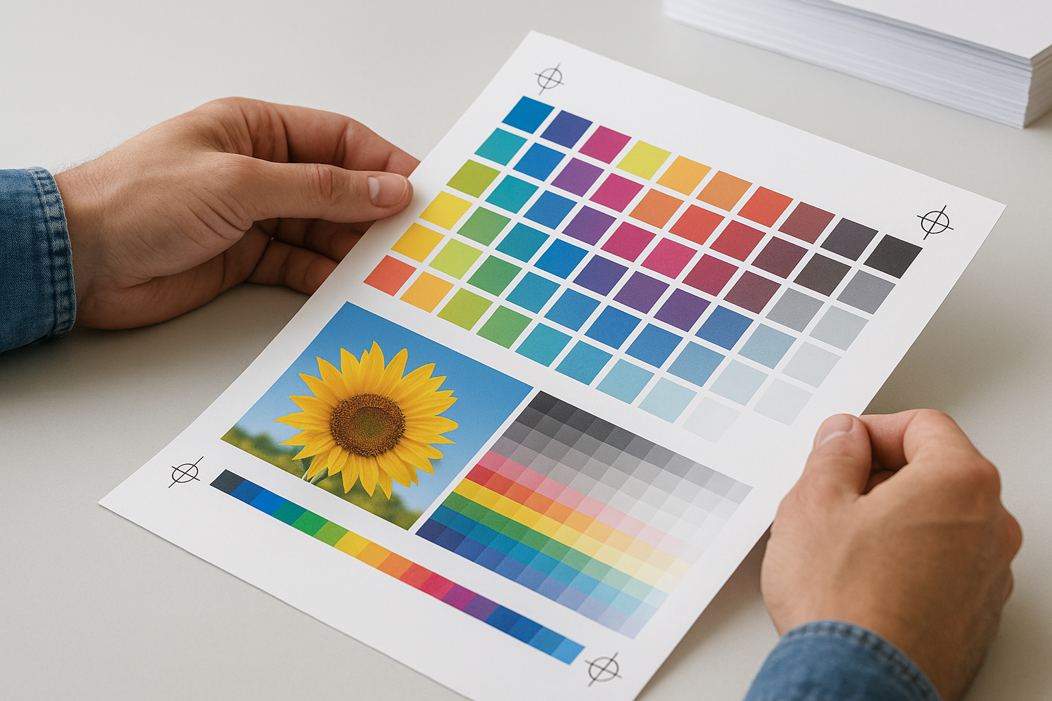 Hands holding a printed colour calibration sheet with various coloured squares, a sunflower image, and gradient bars.