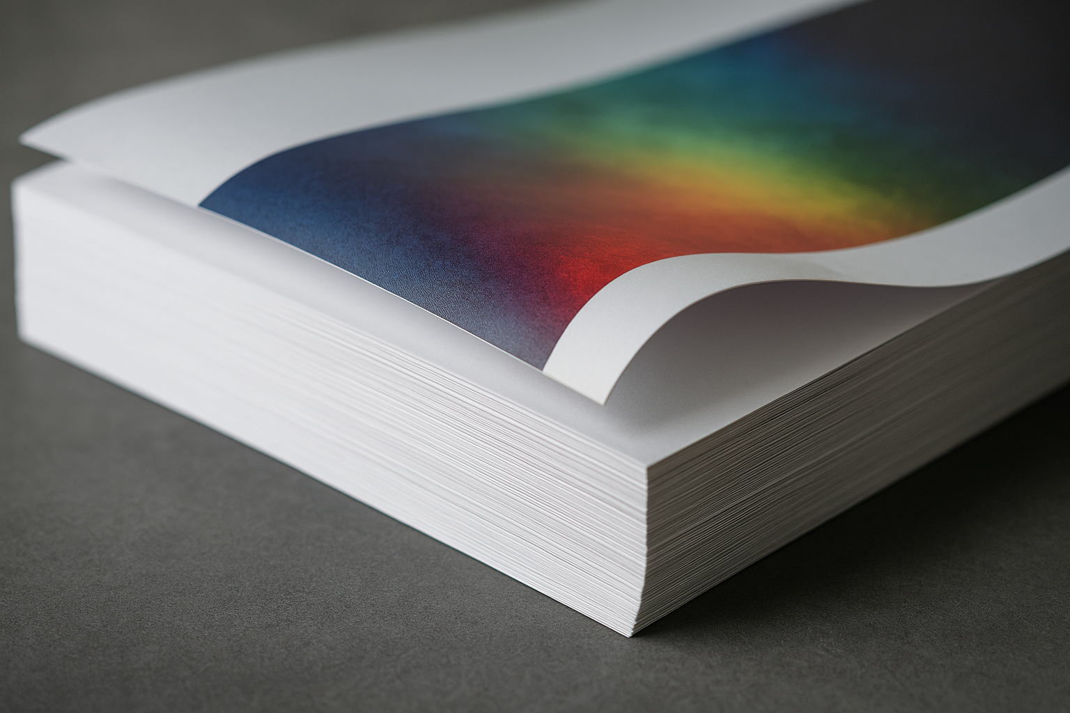 Close-up of a stack of coated paper with a sheet displaying a vibrant rainbow gradient curling at the top.