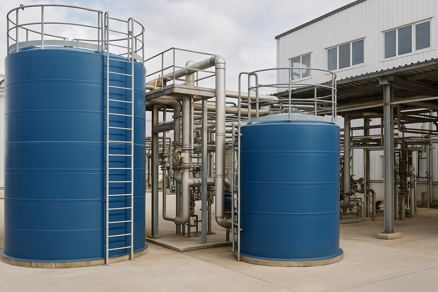 Two large blue chemical storage tanks connected by metal pipes, situated outside an industrial facility.