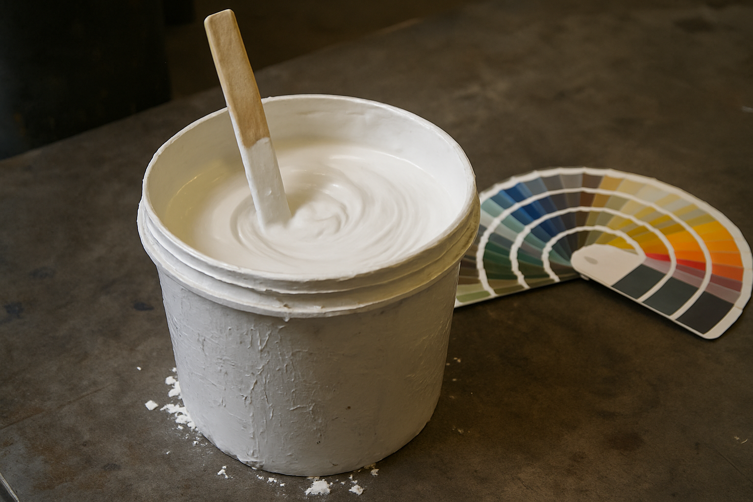 Large white bucket of white pigment slurry with a wooden stirrer, placed next to a colour palette swatch on a workshop floor.