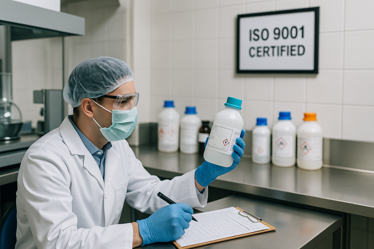 A lab technician in protective gear examines a chemical bottle while holding a clipboard in a clean, organised laboratory setting.