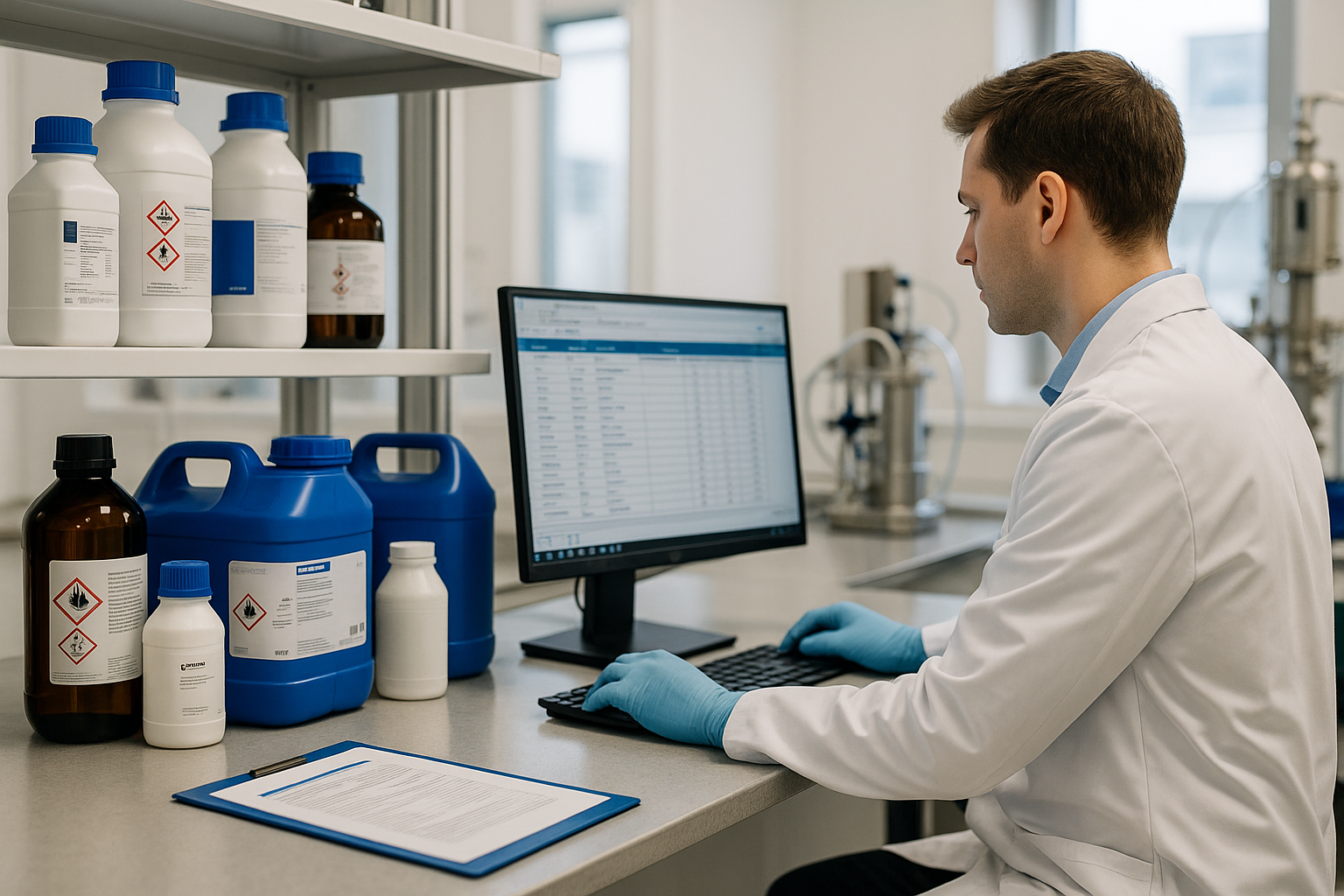 A scientist in a lab coat works at a computer station surrounded by shelves of chemical containers, reviewing product information.