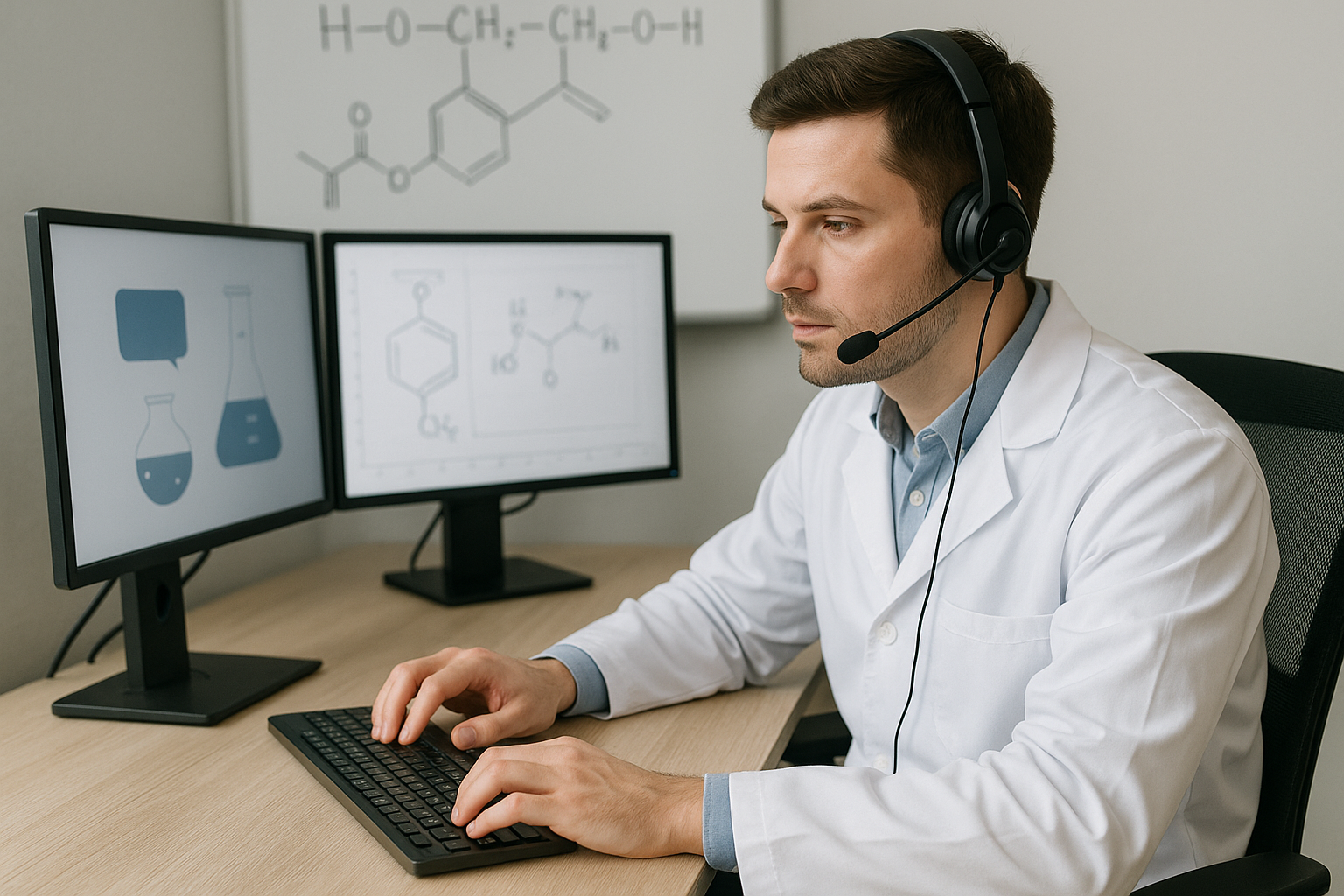 A technical support representative in a lab coat speaks on a headset while using dual monitors, with chemical diagrams in the background.