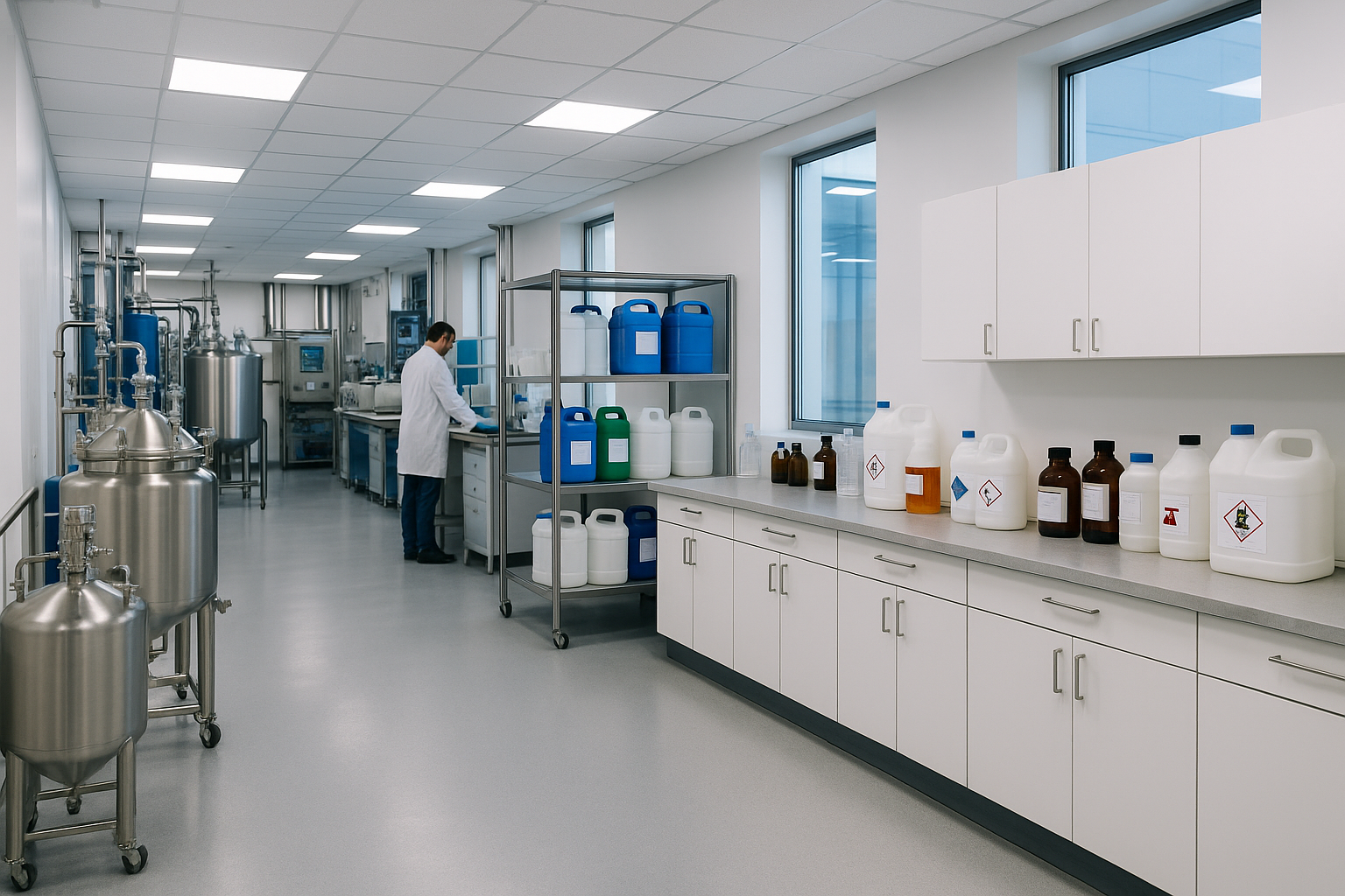 Modern chemical laboratory with stainless steel equipment, organized shelves of containers, and a technician working at a lab bench.